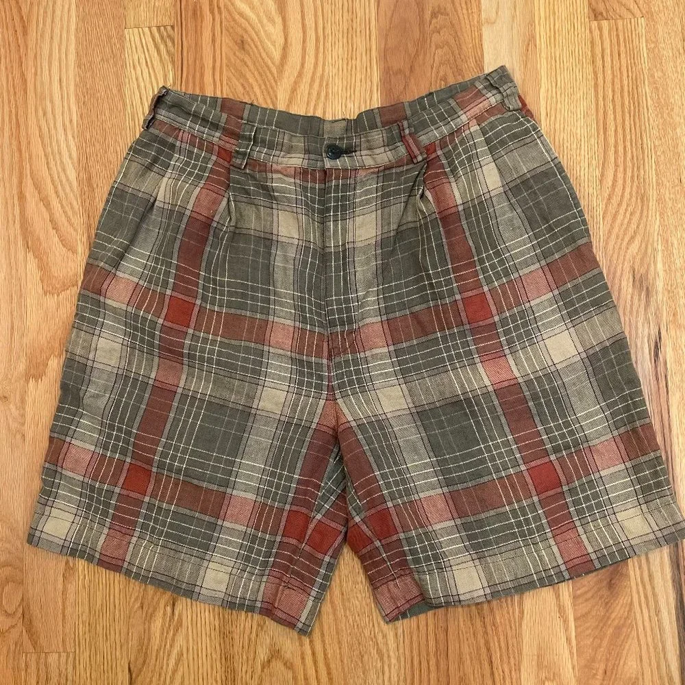 Nautica Skipper Plaid 100% Linen Pleated Shorts Men's Size 34 - Picture 1 of 8